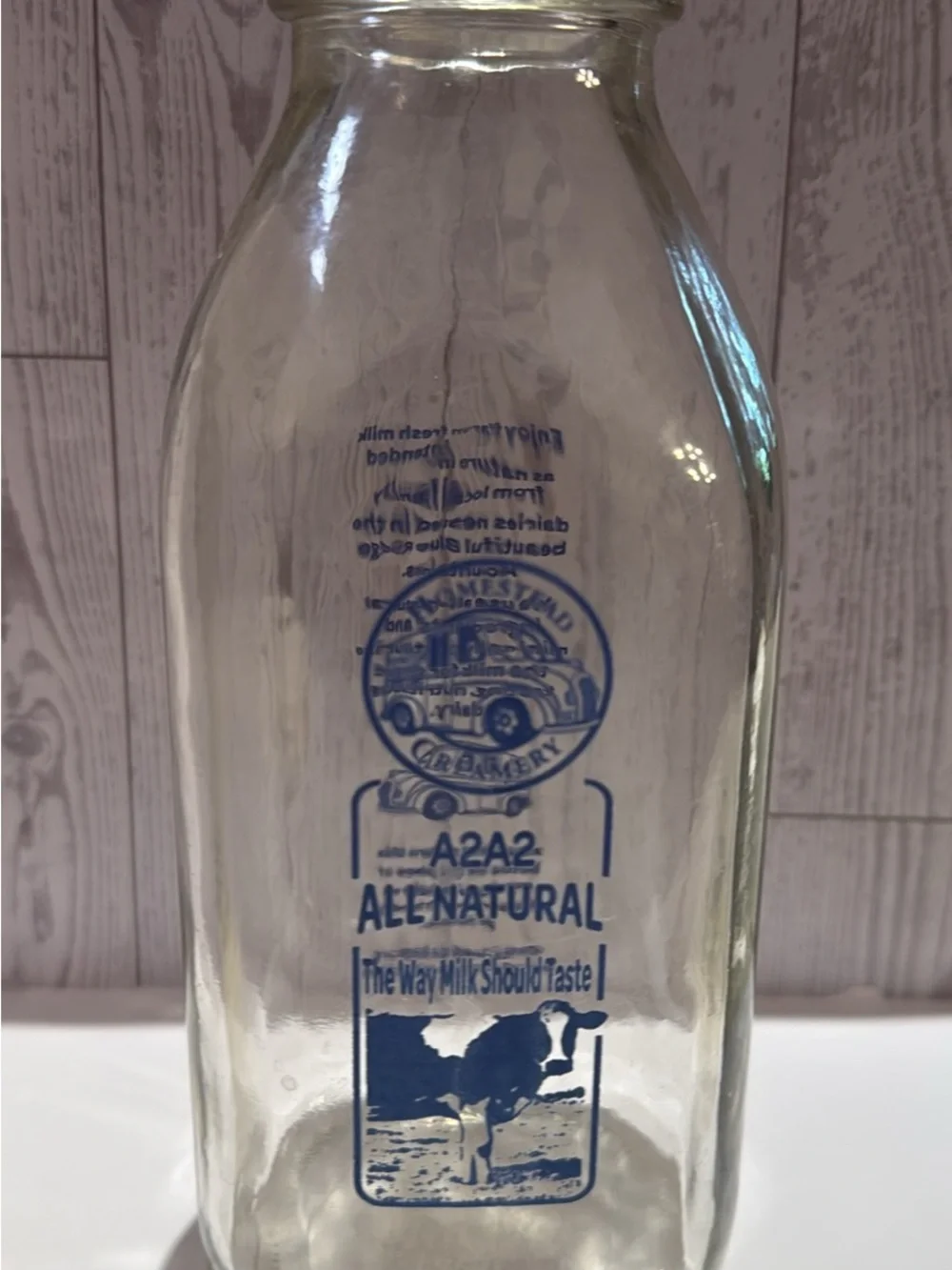 Clear Glass Milk Bottle with Blue Farm Print